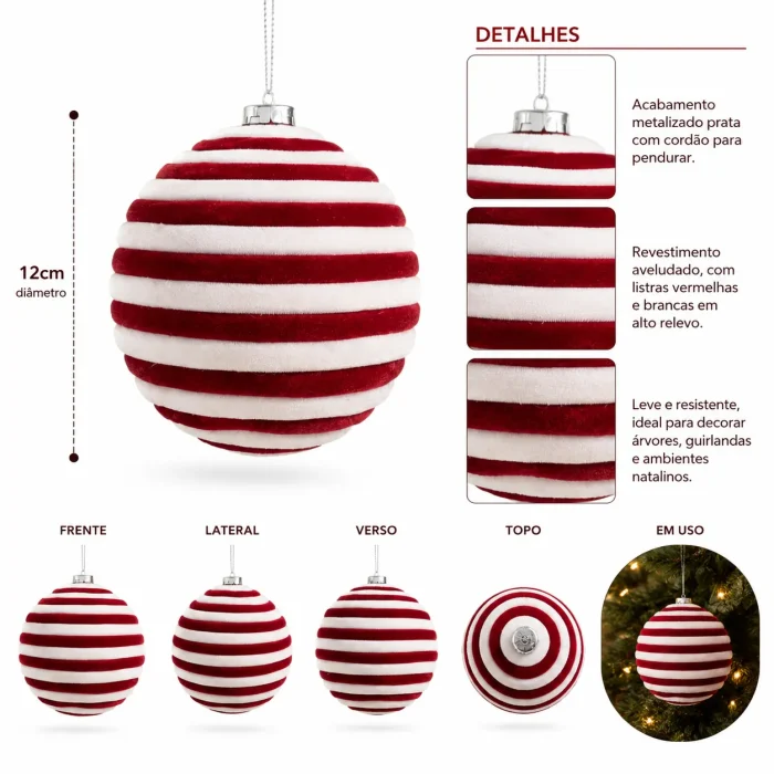 Bola Natalina Candy Veludo Vermelho E Branca Peppermint