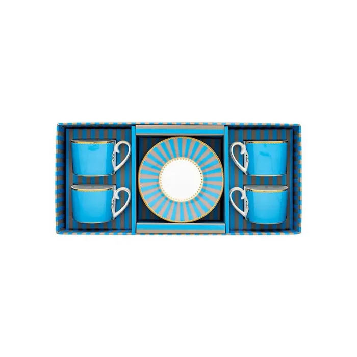 Conjunto 4  Xicaras com Pires de Café Love Birds Azul Com Filete De Ouro Love Birds Pip Studio