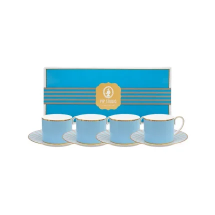 Conjunto 4  Xicaras com Pires de Café Love Birds Azul Com Filete De Ouro Love Birds Pip Studio