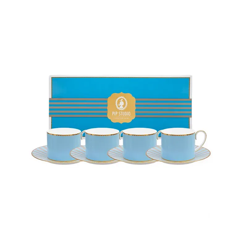 Conjunto 4 Xicaras com Pires de Café Love Birds Azul Com Filete De Ouro Love Birds Pip Studio Conjunto 4 Xicaras com Pires de Café Love Birds Azul Com Filete De Ouro Love Birds Pip Studio