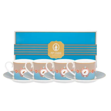 Conjunto 4 Xicaras De Chá com Pires Love Birds Azul e Caqui Com Filete De Ouro Love Birds Pip Studio