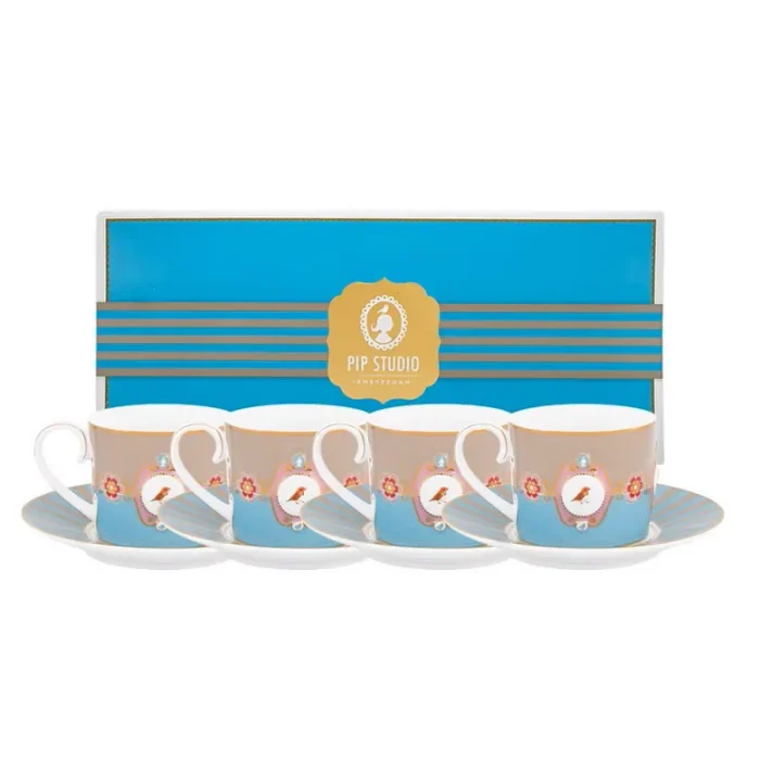 Conjunto 4 Xicaras De Chá com Pires Love Birds Azul e Caqui Com Filete De Ouro Love Birds Pip Studio
