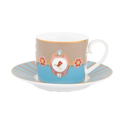 Conjunto 4 Xicaras De Chá com Pires Love Birds Azul e Caqui Com Filete De Ouro Love Birds Pip Studio