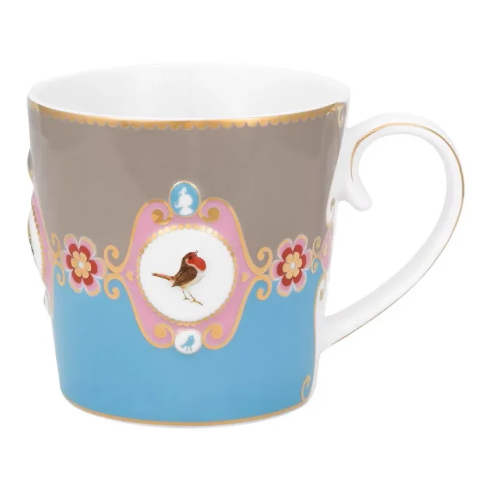 Conjunto 4 Xicaras de Chá Love Birds Azul e Caqui com Listras Love Birds Pip Studio