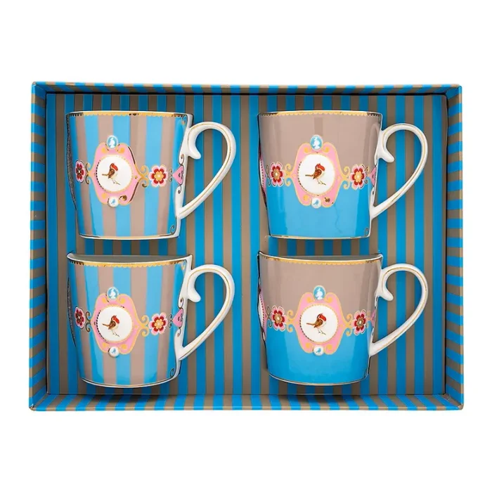 Conjunto 4 Xicaras de Chá Love Birds Azul e Caqui com Listras Love Birds Pip Studio