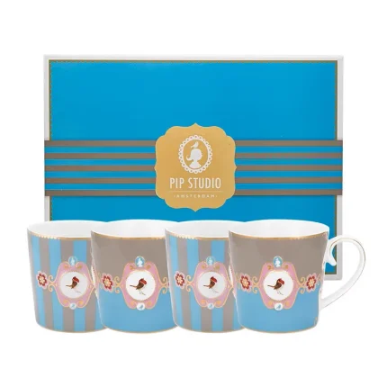 Conjunto 4 Xicaras de Chá Love Birds Azul e Caqui com Listras Love Birds Pip Studio