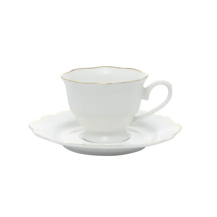 Conjunto 6 Xícaras de Café de Porcelana com Pires Maldivas Branco com Fio de Ouro 80 ML Wolff