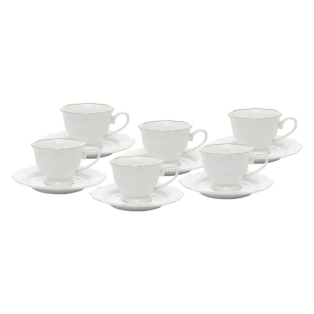 Conjunto 6 Xícaras de Café de Porcelana com Pires Maldivas Branco com Fio de Ouro 80 ML Wolff Conjunto 6 Xícaras de Café de Porcelana com Pires Maldivas Branco com Fio de Ouro 80 ML Wolff
