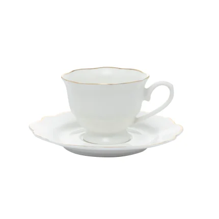 Conjunto 6 Xícaras de Chá de Porcelana com Pires Maldivas Branco com Fio de Ouro Wolff