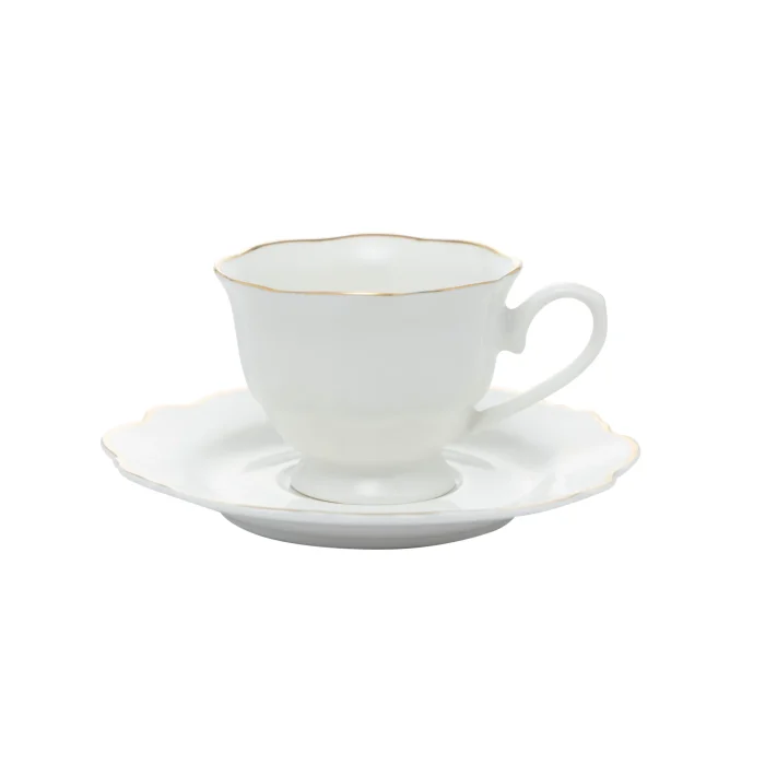Conjunto 6 Xícaras de Chá de Porcelana com Pires Maldivas Branco com Fio de Ouro Wolff
