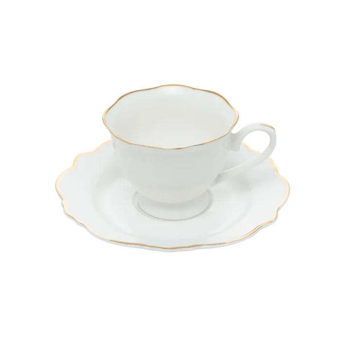 Conjunto 6 Xícaras de Chá de Porcelana com Pires Maldivas Branco com Fio de Ouro Wolff
