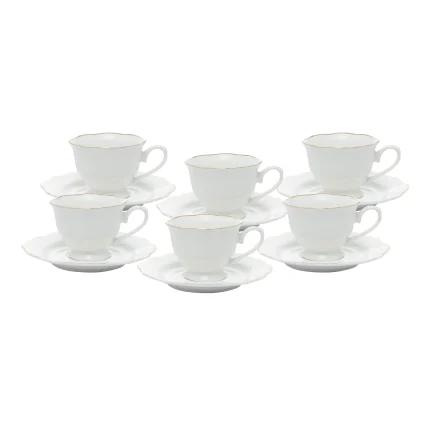 Conjunto 6 Xícaras de Chá de Porcelana com Pires Maldivas Branco com Fio de Ouro Wolff