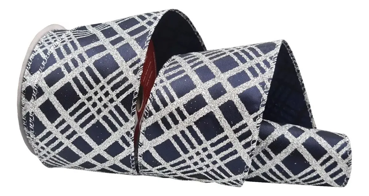 Fita Natalina Aramada Azul E Prata Listras Luxo 9,14 M Fita Natalina Aramada Azul E Prata Listras Luxo 9,14 M
