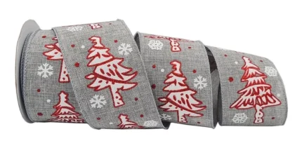 Fita Natalina Aramada Cinza Com Árvores De Natal