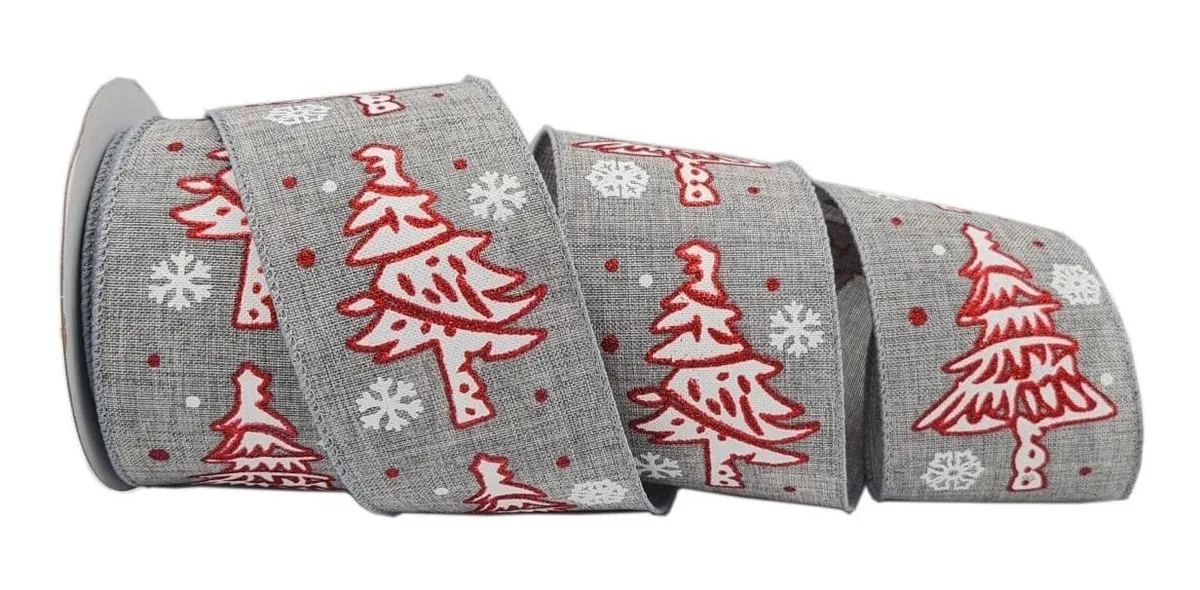 Fita Natalina Aramada Cinza Com Árvores De Natal Fita Natalina Aramada Cinza Com Árvores De Natal