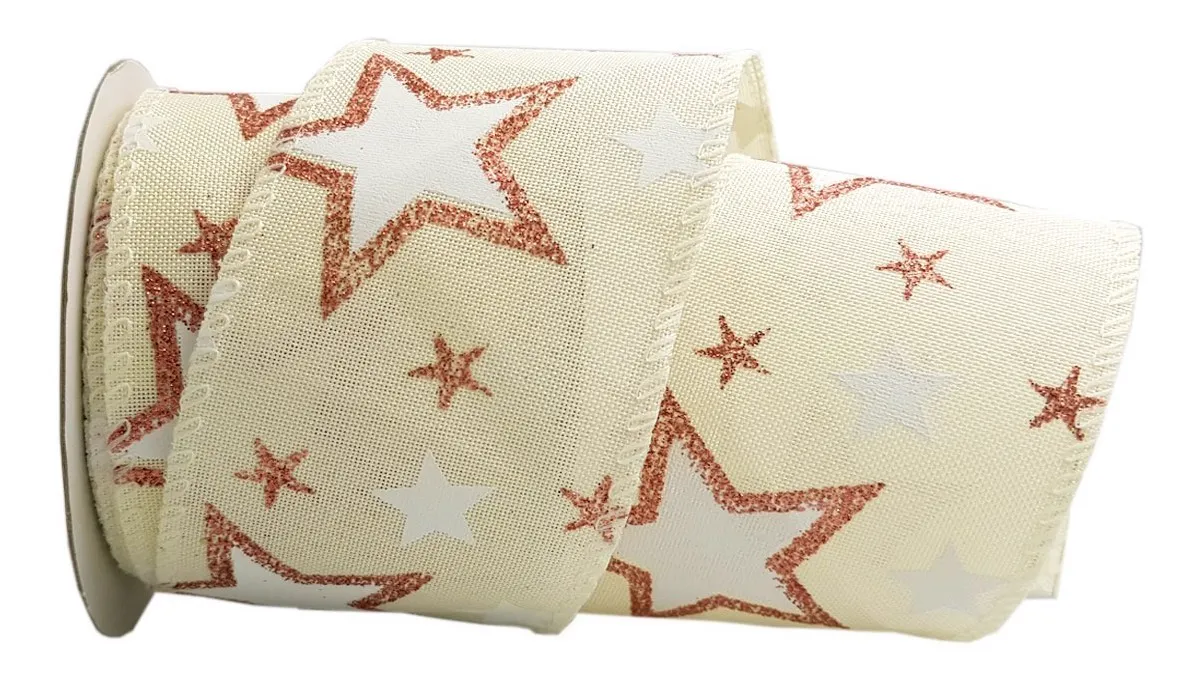 Fita Natalina Aramada Creme Com Estrelas Fita Natalina Aramada Creme Com Estrelas