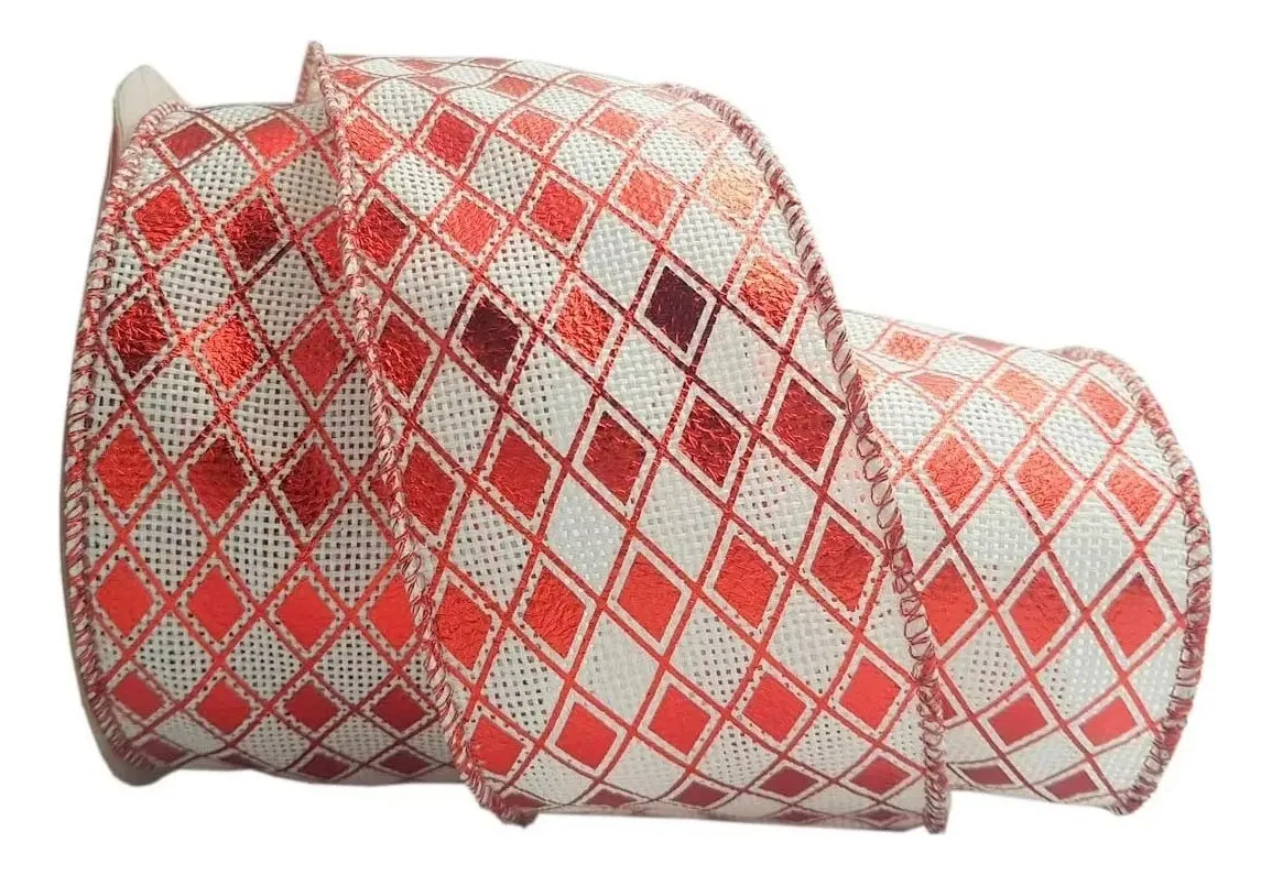 Fita Natalina Aramada Losango Vermelho E Branco Fita Natalina Aramada Losango Vermelho E Branco