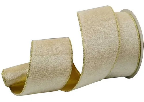 Fita Natalina Aramada Nude Gold Veludo Molhado Luxo 9,14m Fita Natalina Aramada Nude Gold Veludo Molhado Luxo 9,14m