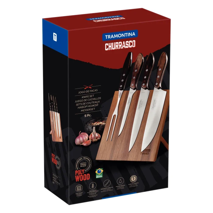 Jogo para Churrasco Tramontina com Lâminas em Aço Inox e Cabos em Madeira Polywood Castanho 5 Peças