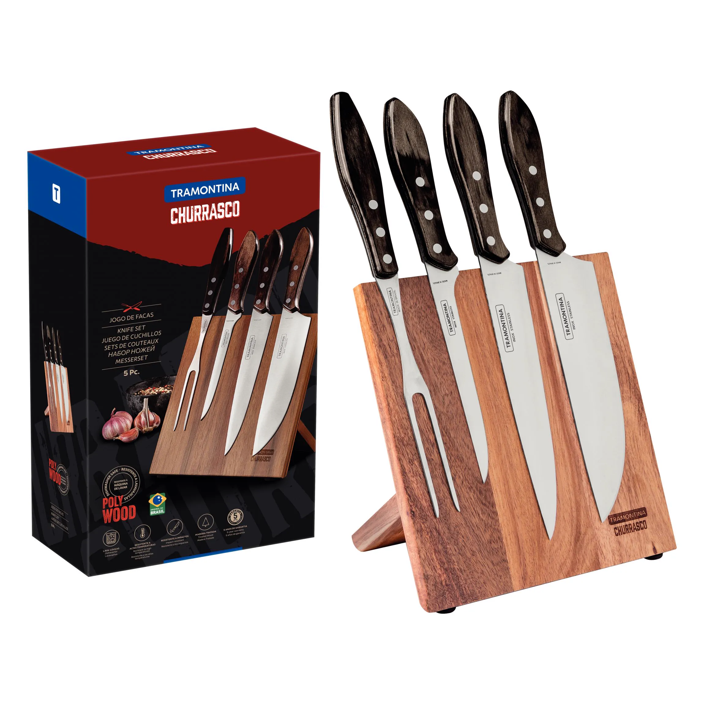 Jogo para Churrasco Tramontina com Lâminas em Aço Inox e Cabos em Madeira Polywood Castanho 5 Peças Jogo para Churrasco Tramontina com Lâminas em Aço Inox e Cabos em Madeira Polywood Castanho 5 Peças