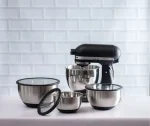 Kit 3 Bowls Em Aço Inox Tigelas Tampa De Vidro Kenya Azul-aço