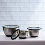 Kit 3 Bowls Em Aço Inox Tigelas Tampa De Vidro Kenya Azul-aço