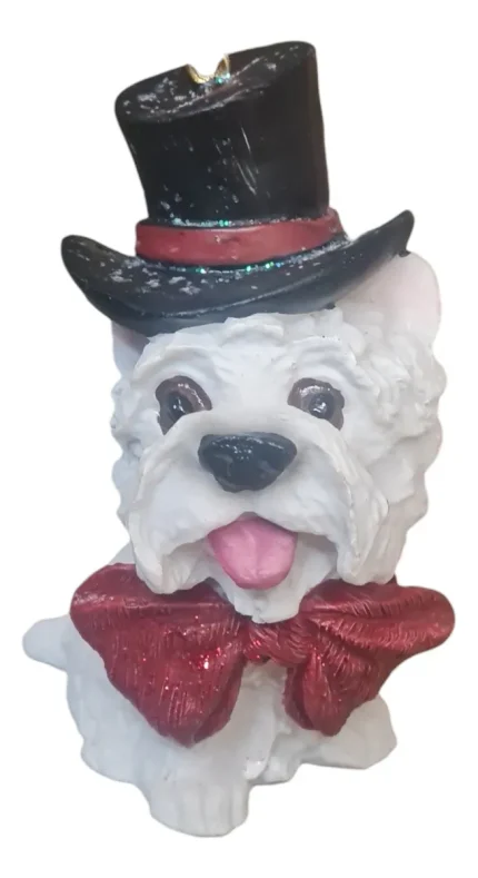 Pendente Natalino Cachorro De Resina Laço Vermelho Luxo