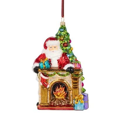 Pendente Natalino de Vidro Polonês Decor Papai Noel Com Árvore E Lareira Huras Family Poland