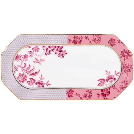 Travessa Hexagonal Pink Regency Damask com Filete Dourado Porcelana Bone China Tea Delight