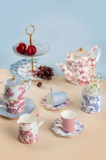 Xicara De Café e Pires Blue Regency Damask Filete Dourado Porcelana Bone China Tea Delight