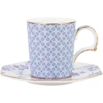 Xicara De Café e Pires Blue Regency Damask Filete Dourado Porcelana Bone China Tea Delight
