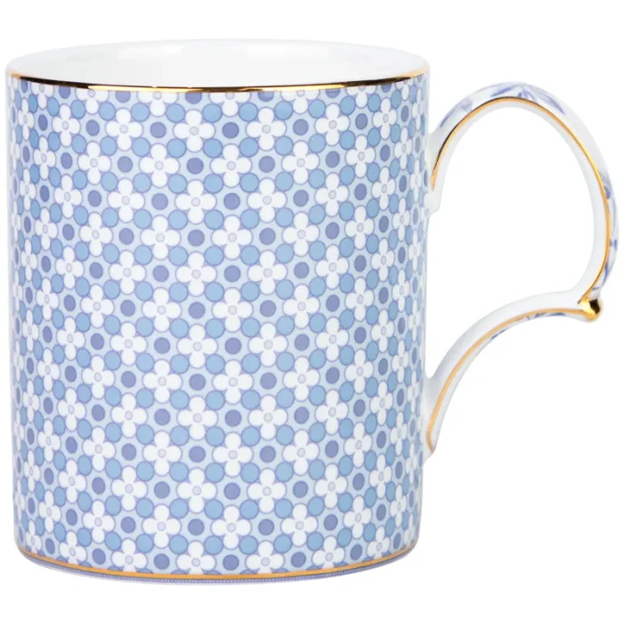 Xicara De Café e Pires Blue Regency Damask Filete Dourado Porcelana Bone China Tea Delight