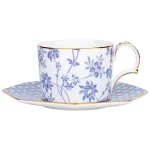 Xicara De Chá e Pires Blue Regency Damask Filete Dourado Porcelana Bone China Tea Delight