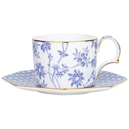 Xicara De Chá e Pires Blue Regency Damask Filete Dourado Porcelana Bone China Tea Delight